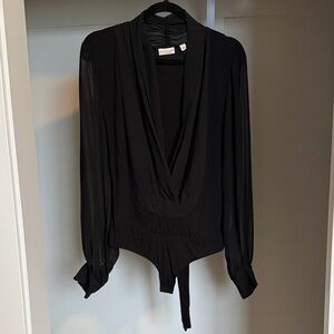 Draped V-Neck Long Sleeve Black Bodysuit